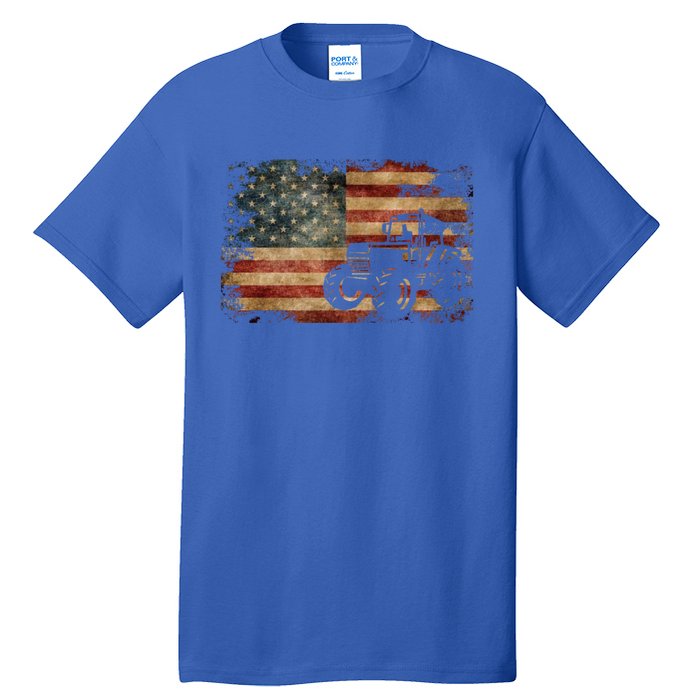 Vintage Farm Tractor American Flag Patriotic Farming Usa Gift Tall T-Shirt