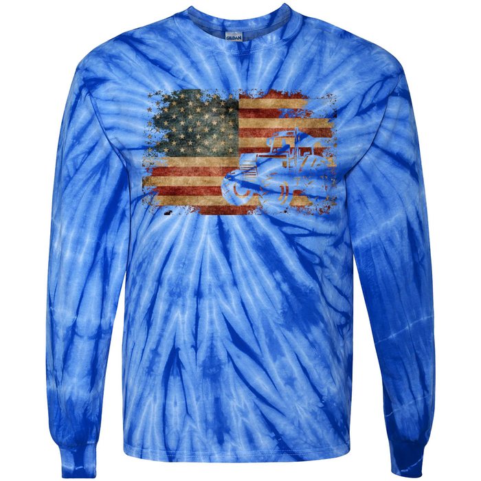 Vintage Farm Tractor American Flag Patriotic Farming Usa Gift Tie-Dye Long Sleeve Shirt