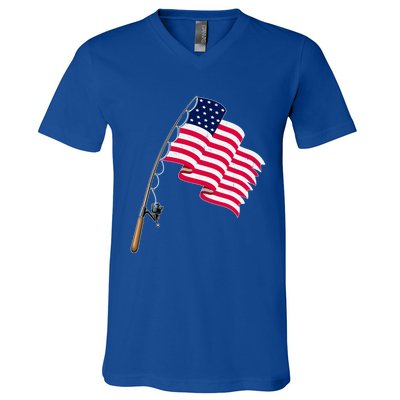 Vintage Fishing Usa Flag America 4Th July Dad Grandpa Gift V-Neck T-Shirt