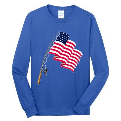 Vintage Fishing Usa Flag America 4Th July Dad Grandpa Gift Tall Long Sleeve T-Shirt