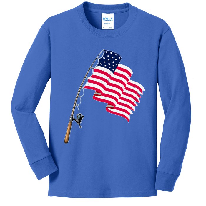 Vintage Fishing Usa Flag America 4Th July Dad Grandpa Gift Kids Long Sleeve Shirt