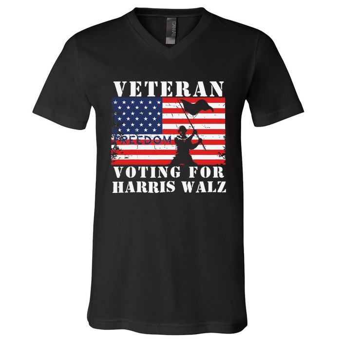 Veteran Freedom Voting For Harris Walz Waltz Usa Flag V-Neck T-Shirt