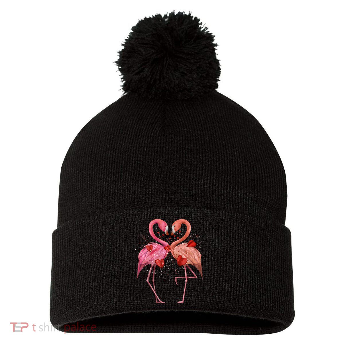 Valentine Flamingos Pom Pom 12in Knit Beanie