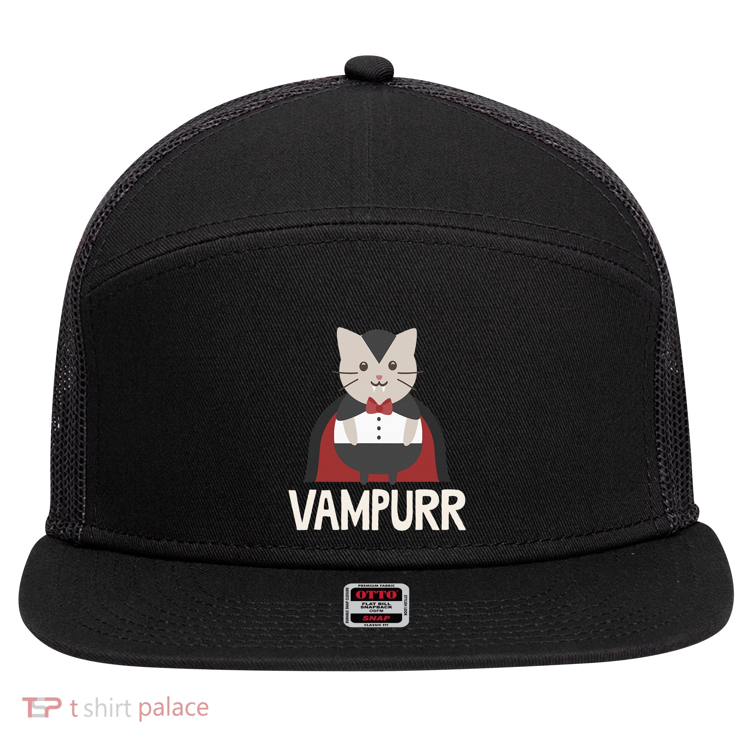 Vampurr Funny Vampire Cat Halloween Gift 7 Panel Mesh Trucker Snapback Hat