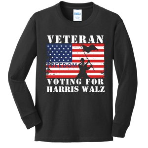 Veteran Freedom Voting For Harris Walz Waltz Usa Flag Kids Long Sleeve Shirt