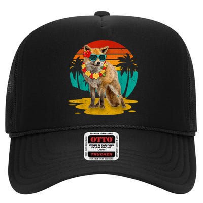 Vintage Fox Wearing Sunglasses Hawaii Summer Cute Animal Lover Christmas In July High Crown Mesh Back Trucker Hat