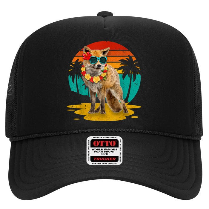 Vintage Fox Wearing Sunglasses Hawaii Summer Cute Animal Lover Christmas In July High Crown Mesh Back Trucker Hat