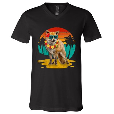 Vintage Fox Wearing Sunglasses Hawaii Summer Cute Animal Lover Christmas In July V-Neck T-Shirt