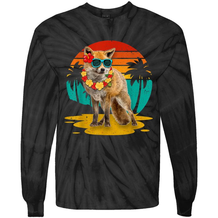 Vintage Fox Wearing Sunglasses Hawaii Summer Cute Animal Lover Christmas In July Tie-Dye Long Sleeve Shirt