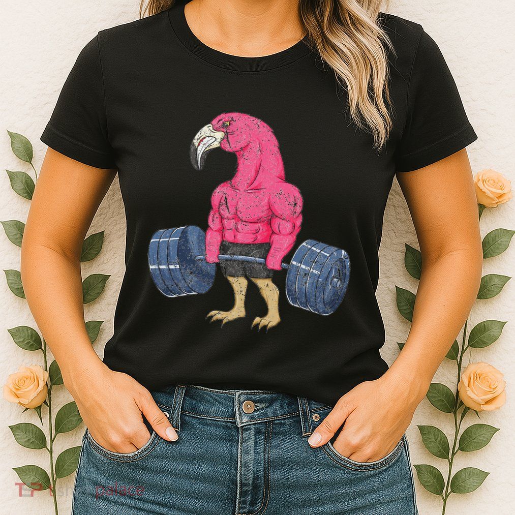 Vintage Flamingo Weightlifting Bodybuilder Muscle Fitness Womens T-Shirt