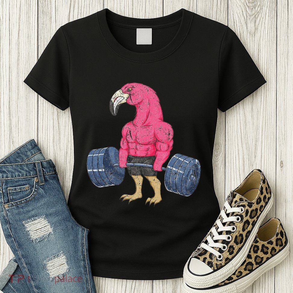 Vintage Flamingo Weightlifting Bodybuilder Muscle Fitness Womens T-Shirt
