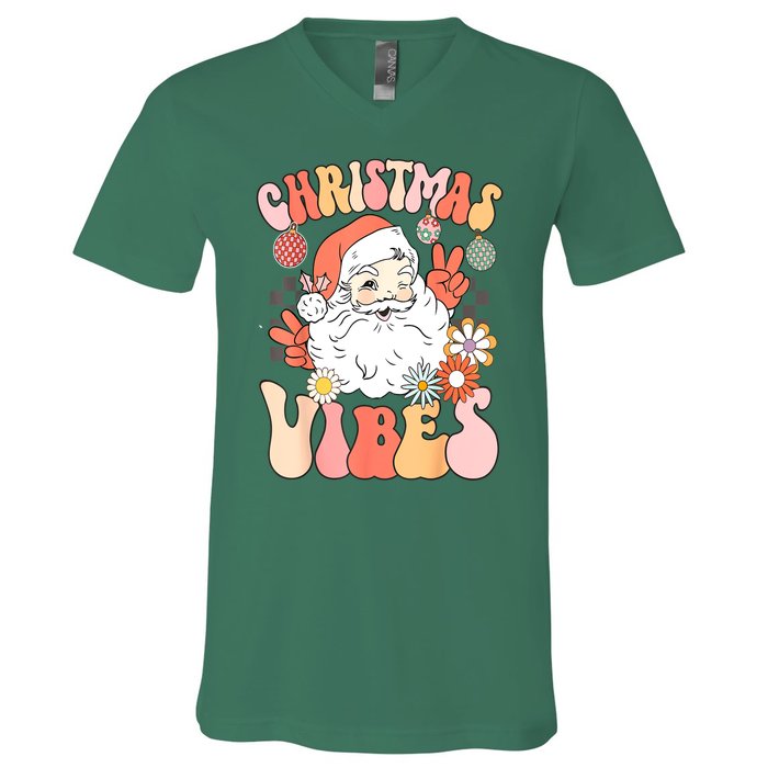 Vintage Funny Xmas Groovy Santa Claus Christmas Vibes Gift V-Neck T-Shirt