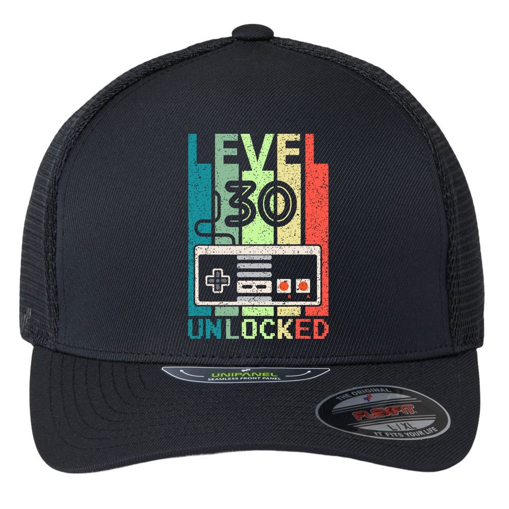 Video Gamer 30th Birthday Gifts Level 30 Unlocked Flexfit Unipanel Trucker Cap