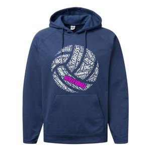 Volleyball Gift And Pink Volleyball Words Performance Fleece Hoodie