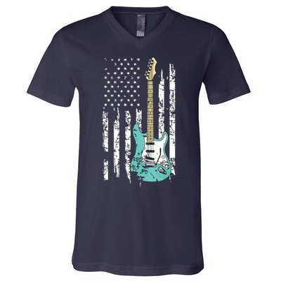 Vintage Guitar American US Flag V-Neck T-Shirt
