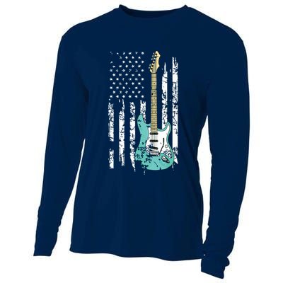 Vintage Guitar American US Flag Cooling Performance Long Sleeve Crew