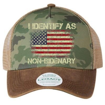 Vintage Grunge American Flag I Identify As Non Bidenary Legacy Tie Dye Trucker Hat
