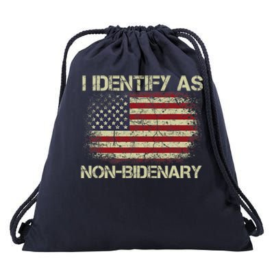 Vintage Grunge American Flag I Identify As Non Bidenary Drawstring Bag