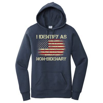 Vintage Grunge American Flag I Identify As Non Bidenary Women's Pullover Hoodie