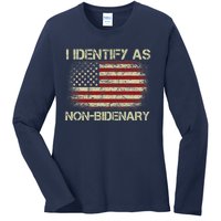 Vintage Grunge American Flag I Identify As Non Bidenary Ladies Long Sleeve Shirt