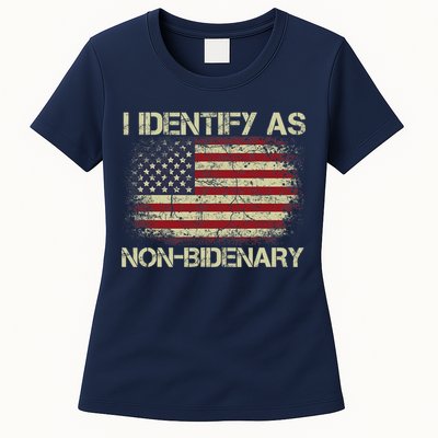 Vintage Grunge American Flag I Identify As Non Bidenary Womens T-Shirt