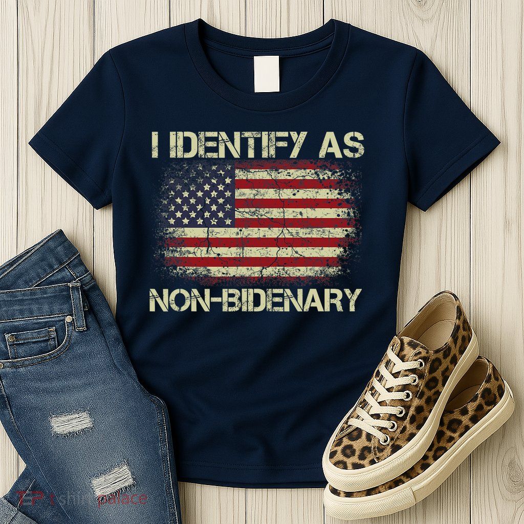 Vintage Grunge American Flag I Identify As Non Bidenary Womens T-Shirt