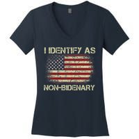 Vintage Grunge American Flag I Identify As Non Bidenary Women's V-Neck T-Shirt