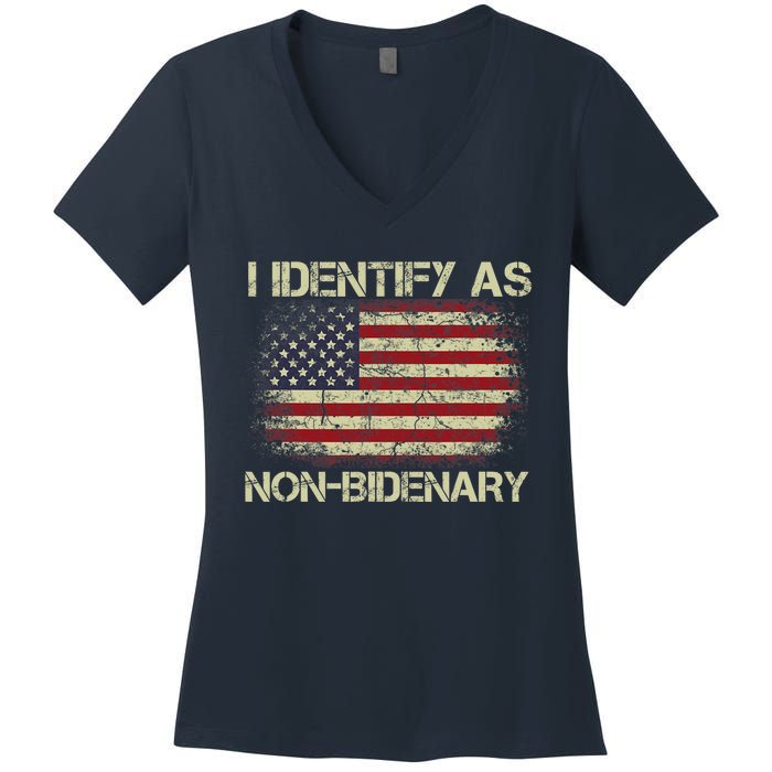 Vintage Grunge American Flag I Identify As Non Bidenary Women's V-Neck T-Shirt