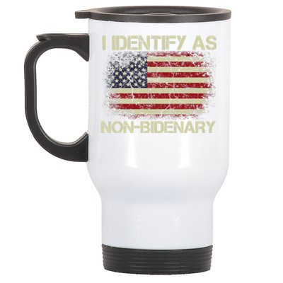 Vintage Grunge American Flag I Identify As Non Bidenary Stainless Steel Travel Mug