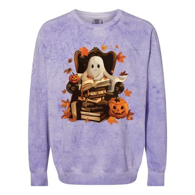 Vintage Ghost Book Reading Pumpkin Gothic Halloween Teachers Colorblast Crewneck Sweatshirt