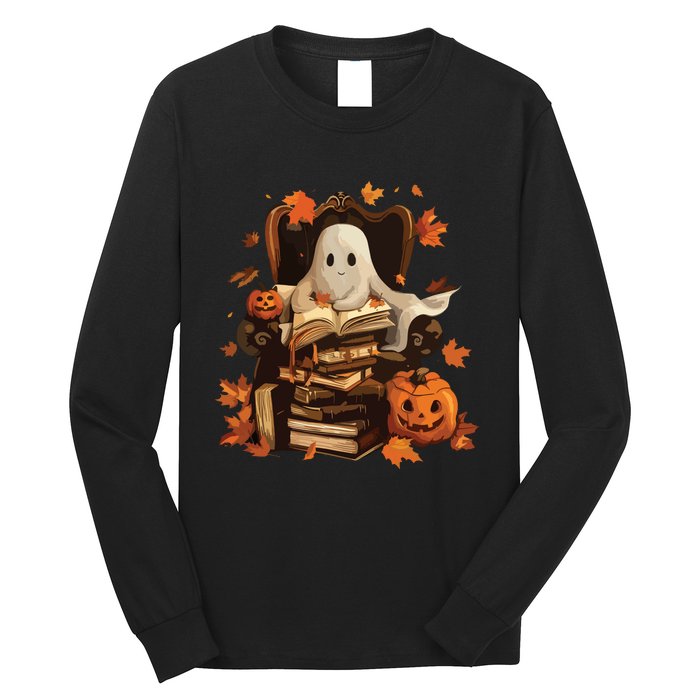 Vintage Ghost Book Reading Pumpkin Gothic Halloween Teachers Long Sleeve Shirt