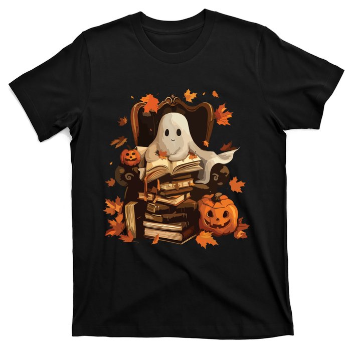 Vintage Ghost Book Reading Pumpkin Gothic Halloween Teachers T-Shirt