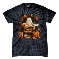 Vintage Ghost Book Reading Pumpkin Gothic Halloween Teachers Tie-Dye T-Shirt