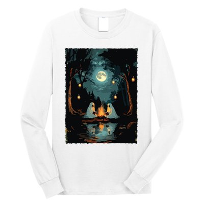 Vintage Ghost Book Reading Camping Gothic Halloween Teachers Long Sleeve Shirt