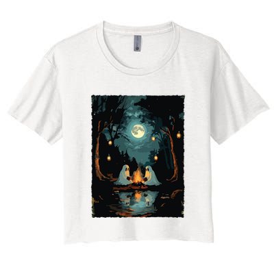 Vintage Ghost Book Reading Camping Gothic Halloween Teachers Crop Top