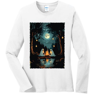 Vintage Ghost Book Reading Camping Gothic Halloween Teachers Ladies Long Sleeve Shirt