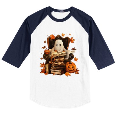 Vintage Ghost Book Reading Pumpkin Gothic Halloween Teachers Baseball Sleeve Shirt