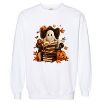 Vintage Ghost Book Reading Pumpkin Gothic Halloween Teachers Garment-Dyed Sweatshirt