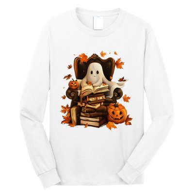 Vintage Ghost Book Reading Pumpkin Gothic Halloween Teachers Long Sleeve Shirt