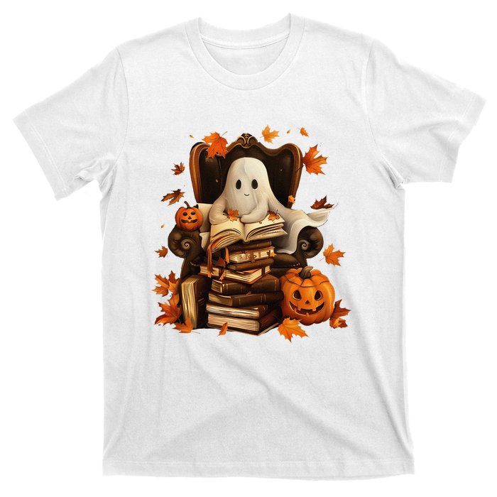 Vintage Ghost Book Reading Pumpkin Gothic Halloween Teachers T-Shirt