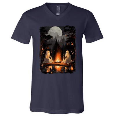 Vintage Ghost Book Reading Camping Gothic Halloween Teachers V-Neck T-Shirt