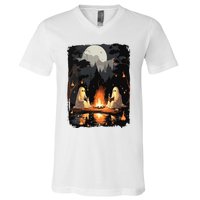 Vintage Ghost Book Reading Camping Gothic Halloween Teachers V-Neck T-Shirt