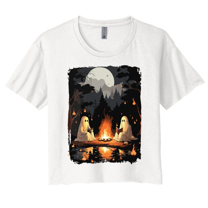 Vintage Ghost Book Reading Camping Gothic Halloween Teachers Women's Crop Top Tee