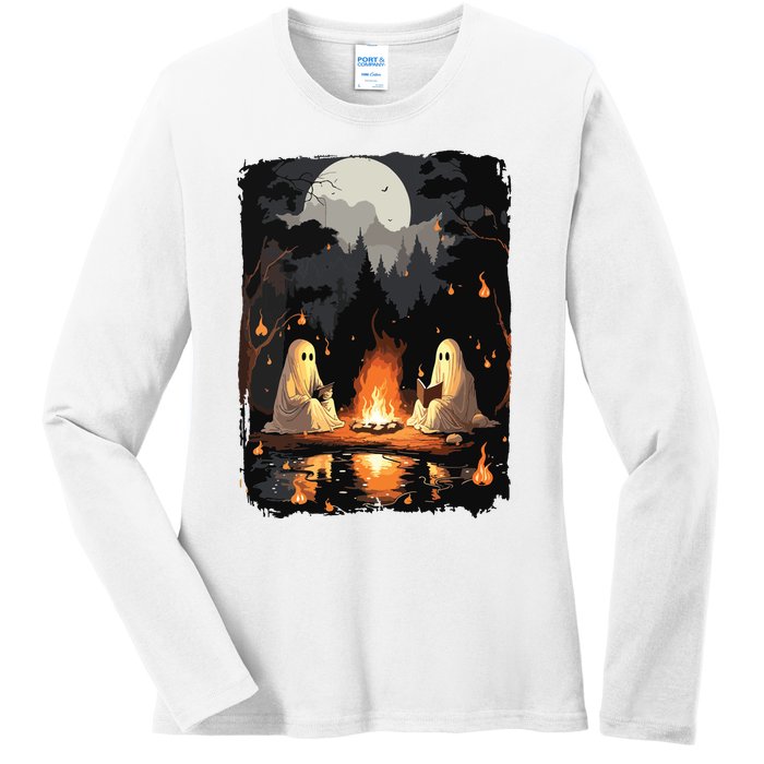 Vintage Ghost Book Reading Camping Gothic Halloween Teachers Ladies Long Sleeve Shirt