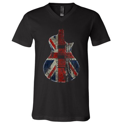 Vintage Guitar British Jack Union Flag Rock Guitarist V-Neck T-Shirt