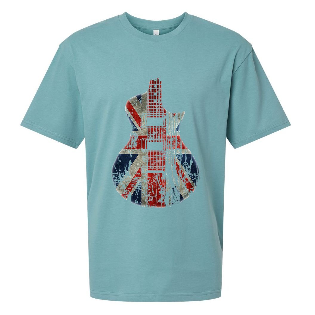 Vintage Guitar British Jack Union Flag Rock Guitarist Sueded Cloud Jersey T-Shirt
