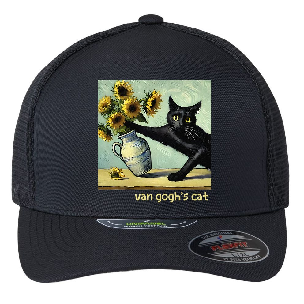 Van Gogh Black Cat With Sunflowers Funny Cat Painting Art Gift Flexfit Unipanel Trucker Cap