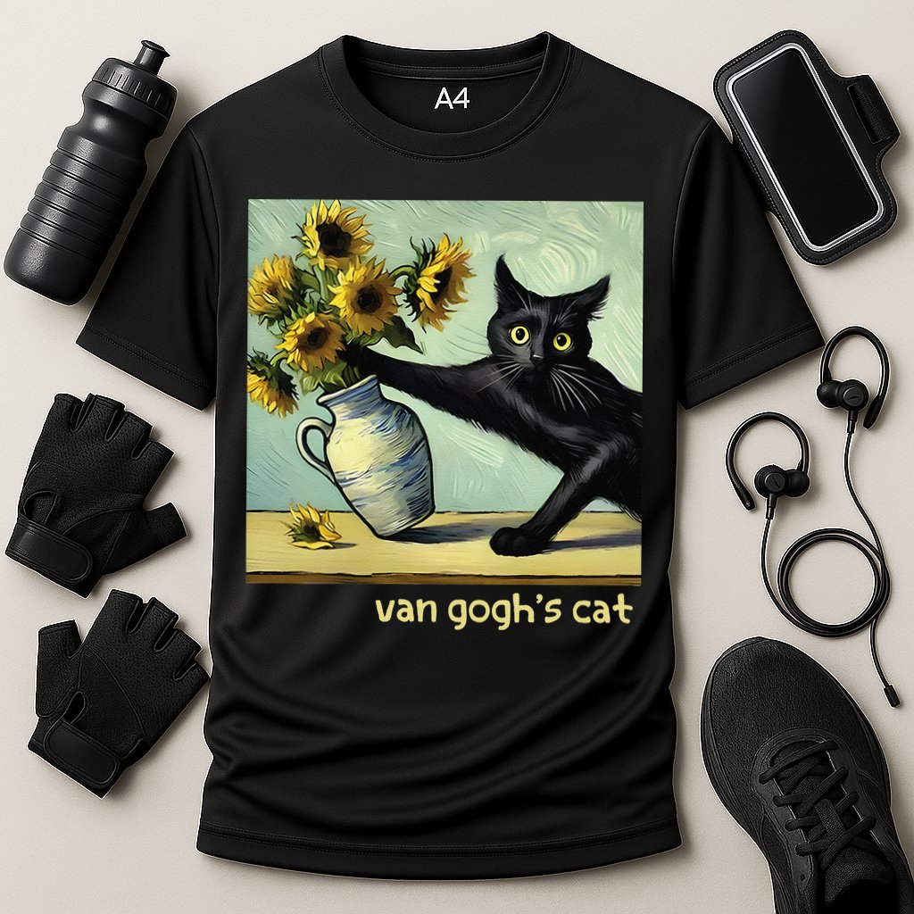 Van Gogh Black Cat With Sunflowers Funny Cat Painting Art Gift Cooling Performance Crew T-Shirt