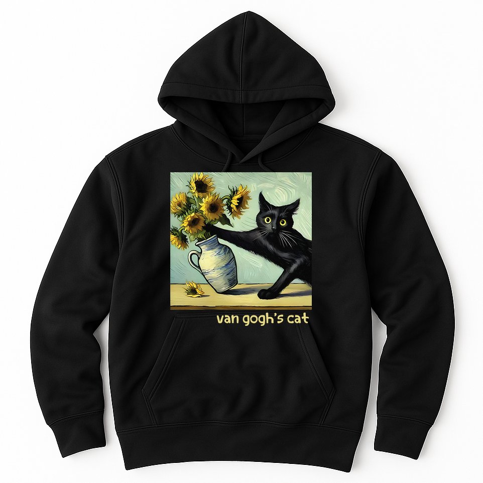 Van Gogh Black Cat With Sunflowers Funny Cat Painting Art Gift Hoodie