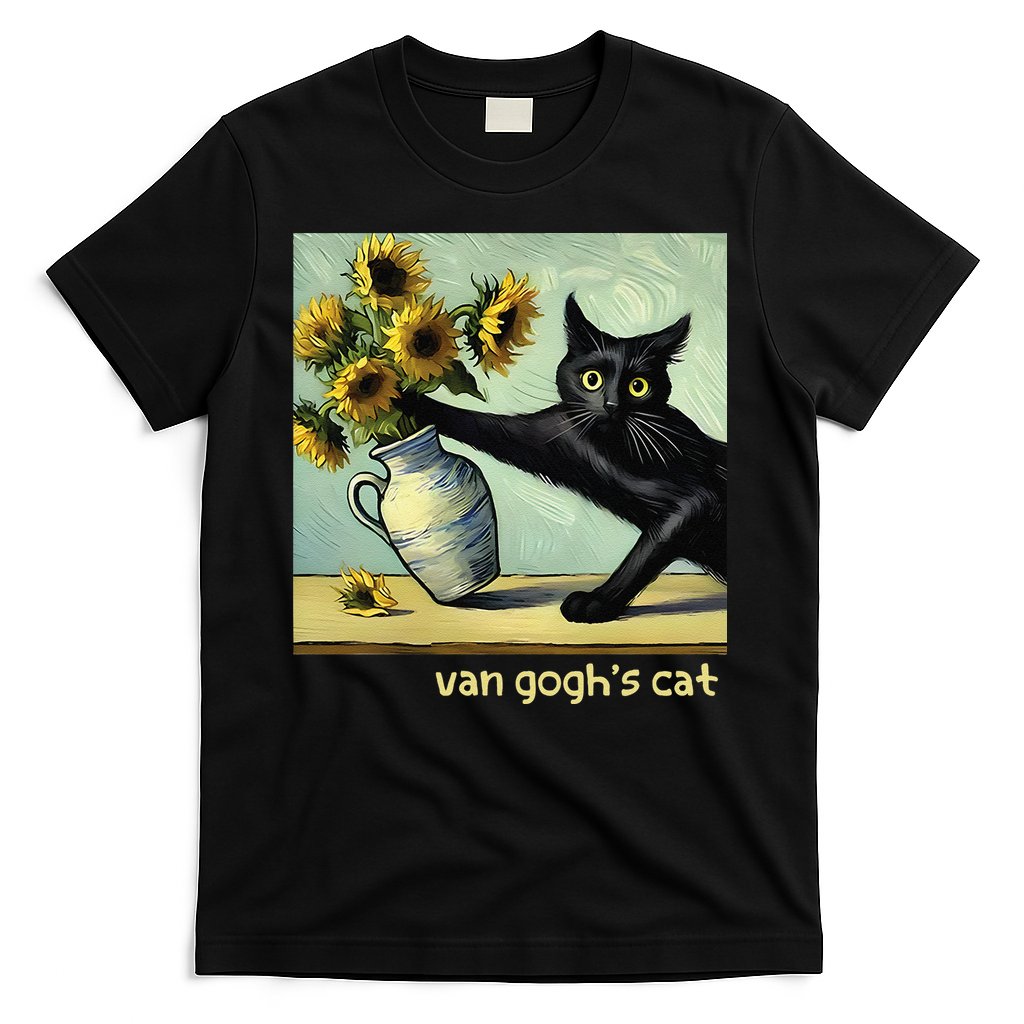 Van Gogh Black Cat With Sunflowers Funny Cat Painting Art Gift T-Shirt